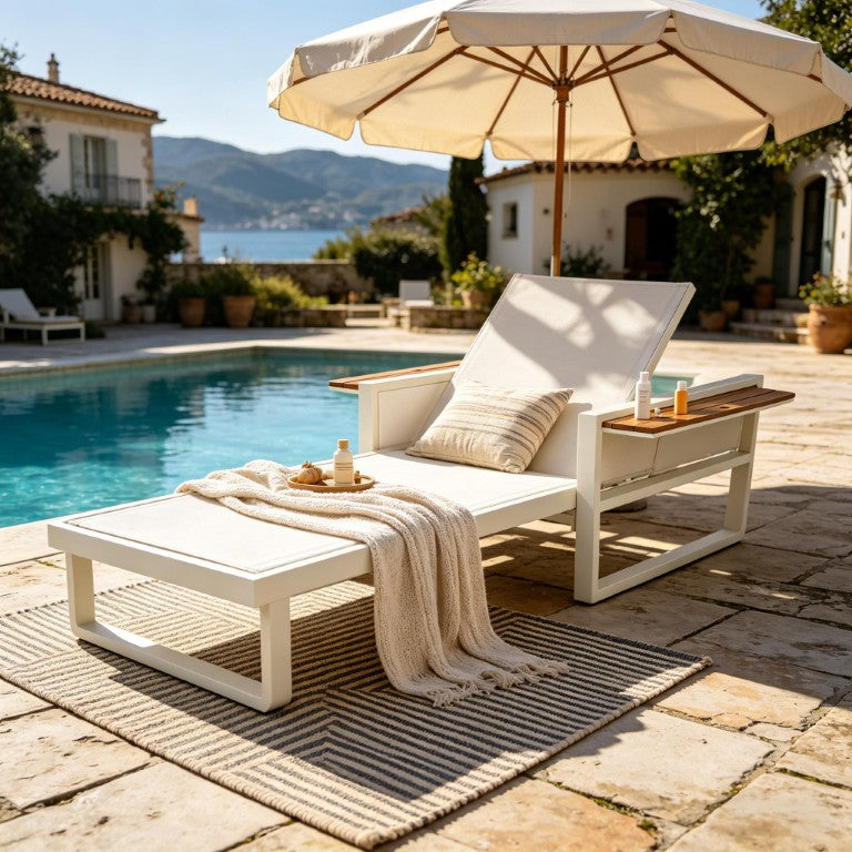English Elm White Iron Outdoor Recliner with Acacia Wood Armrests and Mesh Seating for Patio Use N770P452186W