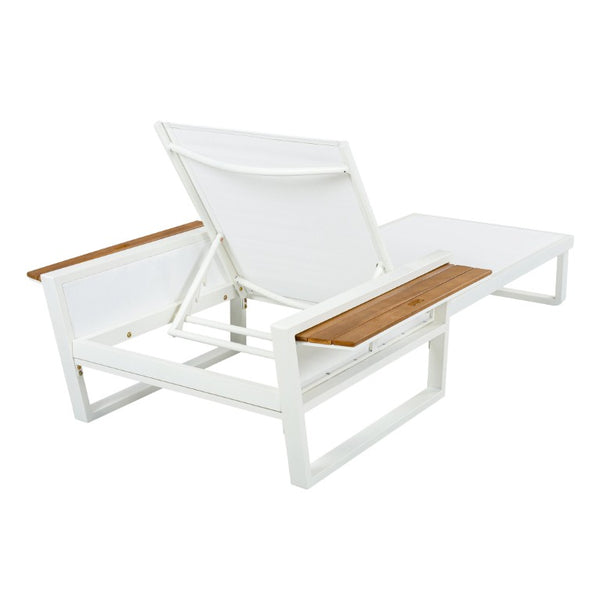 English Elm White Iron Outdoor Recliner with Acacia Wood Armrests and Mesh Seating for Patio Use N770P452186W