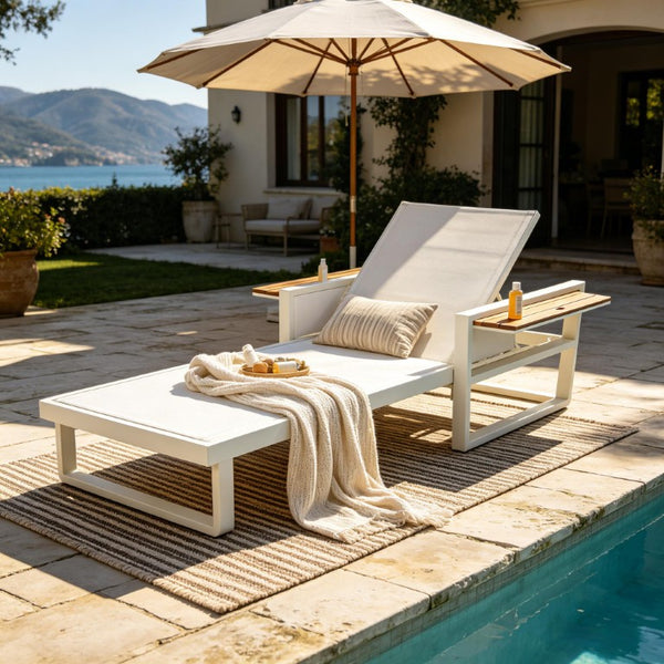 English Elm White Iron Outdoor Recliner with Acacia Wood Armrests and Mesh Seating for Patio Use N770P452186W