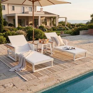 English Elm White Iron Outdoor Recliner with Acacia Wood Armrests and Mesh Seating for Patio Use N770P452186W