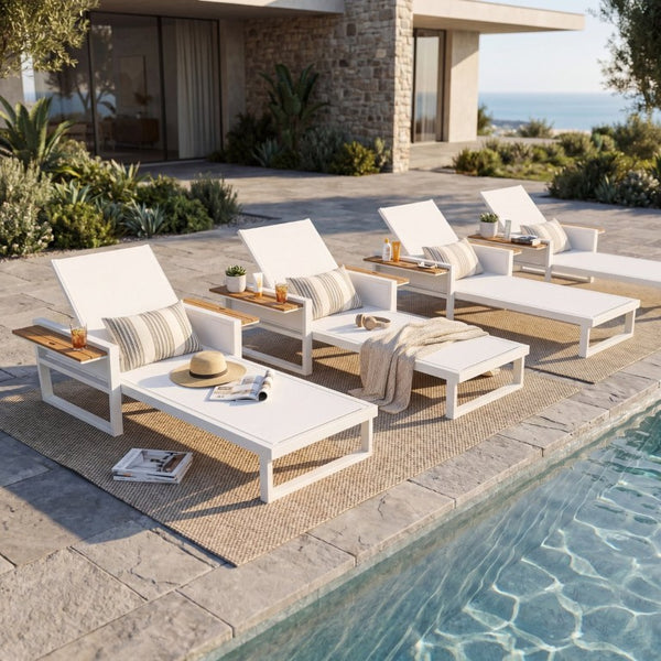 English Elm White Iron Outdoor Recliner with Acacia Wood Armrests and Mesh Seating for Patio Use N770P452186W