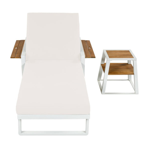 English Elm White Iron Teak Accent Outdoor Chaise Lounge with Cushion Poolside Patio Resort Style Cream 2-Fold N770P452186W_65429.00CUSH