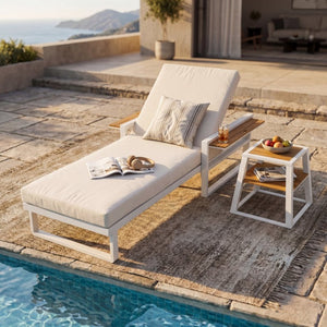 English Elm White Iron Teak Accent Outdoor Chaise Lounge with Cushion Poolside Patio Resort Style Cream 2-Fold N770P452186W_65429.00CUSH