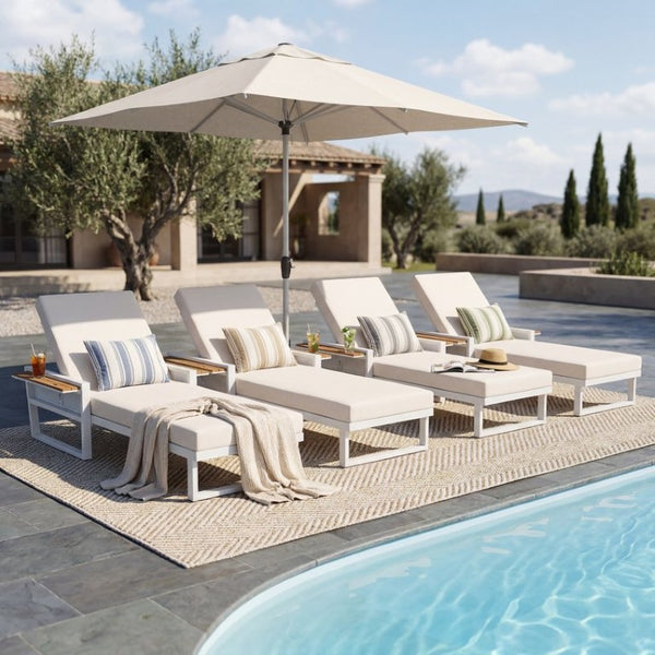 English Elm White Iron Teak Accent Outdoor Chaise Lounge with Cushion Poolside Patio Resort Style Cream 2-Fold N770P452186W_65429.00CUSH