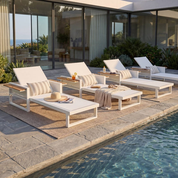English Elm White Iron Outdoor Recliner with Acacia Wood Armrests and Mesh Seating for Patio Use N770P452186W