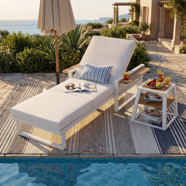 English Elm White Iron Teak Accent Outdoor Chaise Lounge with Cushion Poolside Patio Resort Style Cream 3-Fold N770P452186W_N770P208317C