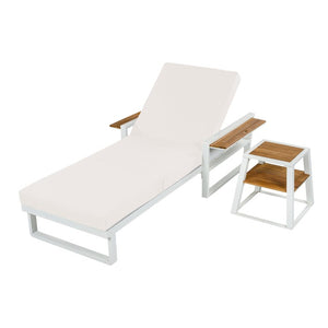 English Elm White Iron Teak Accent Outdoor Chaise Lounge with Cushion Poolside Patio Resort Style Cream 3-Fold N770P452186W_N770P208317C