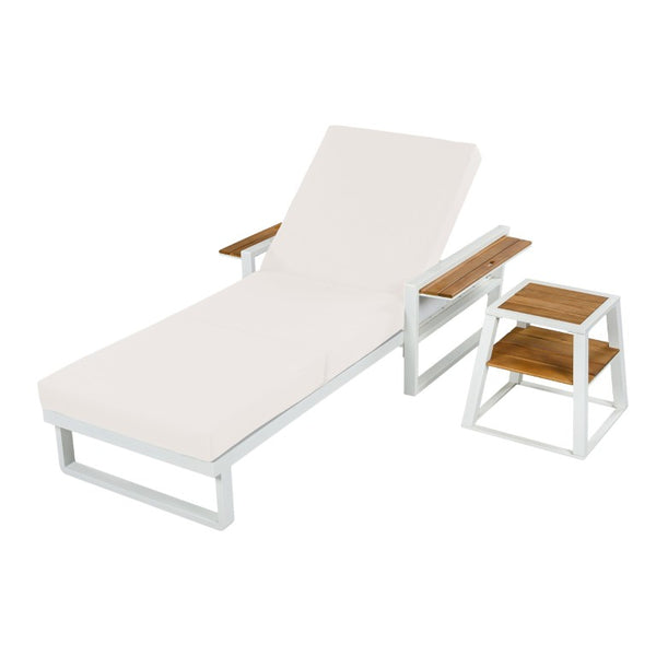 English Elm White Iron Teak Accent Outdoor Chaise Lounge with Cushion Poolside Patio Resort Style Cream 3-Fold N770P452186W_N770P208317C