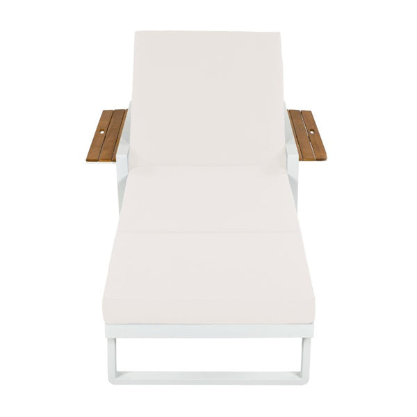 English Elm White Iron Teak Accent Outdoor Chaise Lounge with Cushion Poolside Patio Resort Style Cream 3-Fold N770P452186W_N770P208317C
