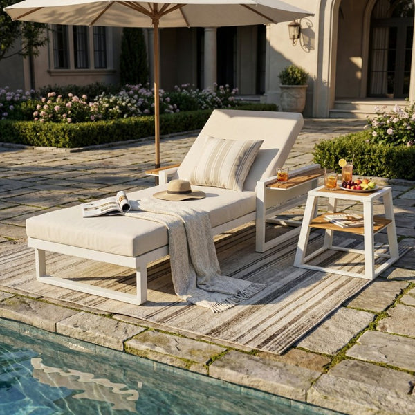 English Elm White Iron Teak Accent Outdoor Chaise Lounge with Cushion Poolside Patio Resort Style Cream 3-Fold N770P452186W_N770P208317C
