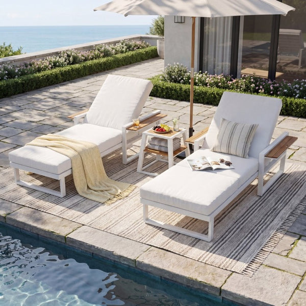 English Elm White Iron Teak Accent Outdoor Chaise Lounge with Cushion Poolside Patio Resort Style Cream 3-Fold N770P452186W_N770P208317C