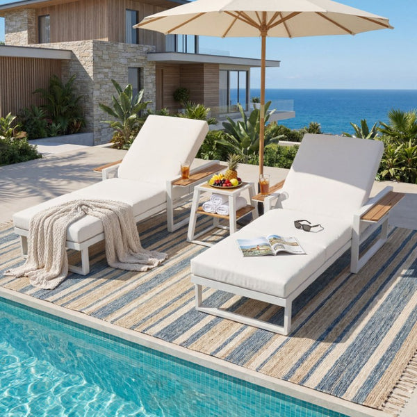 English Elm White Iron Teak Accent Outdoor Chaise Lounge with Cushion Poolside Patio Resort Style Cream 3-Fold N770P452186W_N770P208317C