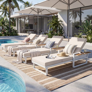 English Elm White Iron Teak Accent Outdoor Chaise Lounge with Cushion Poolside Patio Resort Style Cream 3-Fold N770P452186W_N770P208317C