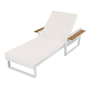 English Elm White Iron Teak Accent Outdoor Chaise Lounge with Cushion Poolside Patio Resort Style Cream 3-Fold N770P452186W_N770P208317C