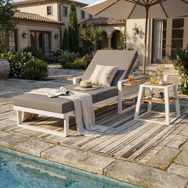English Elm White Iron Teak Accent Outdoor Chaise Lounge with Cushion Poolside Patio Resort Style Dark Grey 3-Fold N770P452186W_N770P208326G