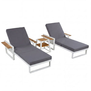 English Elm White Iron Teak Accent Outdoor Chaise Lounge with Cushion Poolside Patio Resort Style Dark Grey 3-Fold N770P452186W_N770P208326G