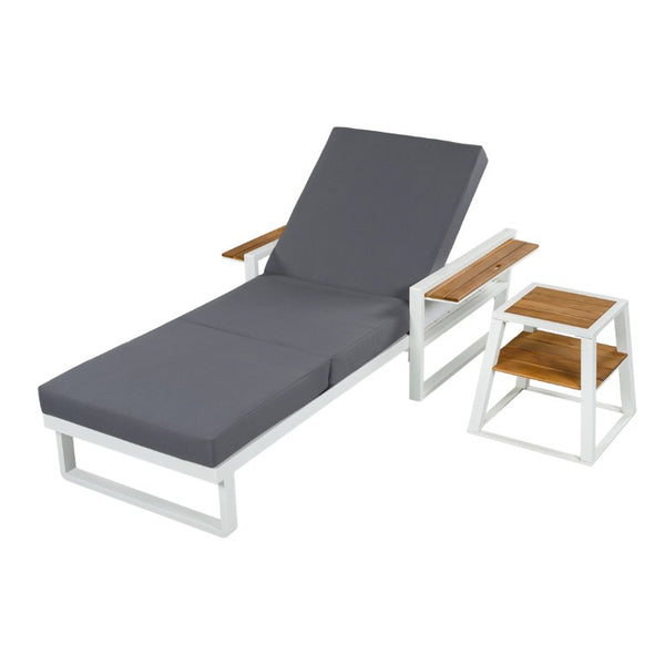 English Elm White Iron Teak Accent Outdoor Chaise Lounge with Cushion Poolside Patio Resort Style Dark Grey 3-Fold N770P452186W_N770P208326G