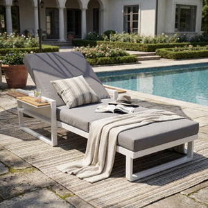 English Elm White Iron Teak Accent Outdoor Chaise Lounge with Cushion Poolside Patio Resort Style Dark Grey 3-Fold N770P452186W_N770P208326G