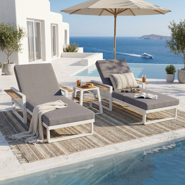 English Elm White Iron Teak Accent Outdoor Chaise Lounge with Cushion Poolside Patio Resort Style Dark Grey 3-Fold N770P452186W_N770P208326G