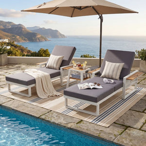 English Elm White Iron Teak Accent Outdoor Chaise Lounge with Cushion Poolside Patio Resort Style Dark Grey 3-Fold N770P452186W_N770P208326G