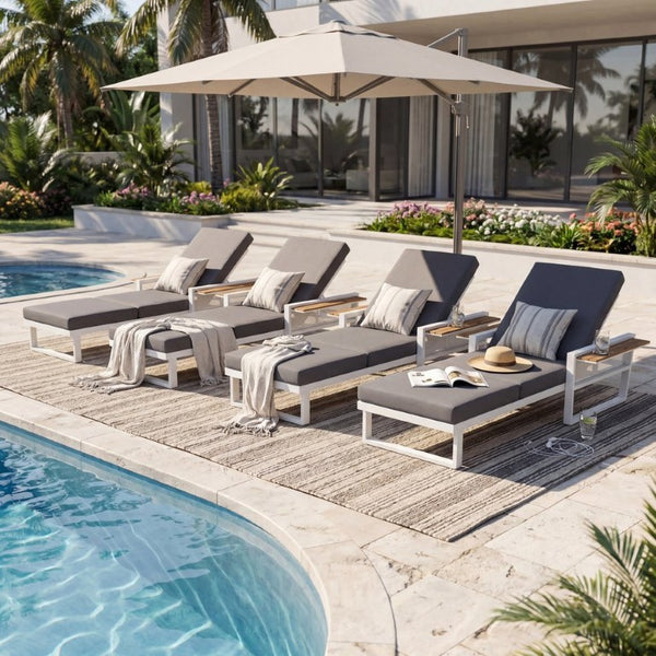 English Elm White Iron Teak Accent Outdoor Chaise Lounge with Cushion Poolside Patio Resort Style Dark Grey 3-Fold N770P452186W_N770P208326G