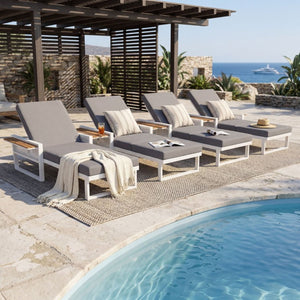 English Elm White Iron Teak Accent Outdoor Chaise Lounge with Cushion Poolside Patio Resort Style Dark Grey 3-Fold N770P452186W_N770P208326G