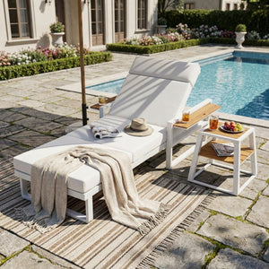 English Elm White Iron Teak Accent Outdoor Chaise Lounge with Cushion Poolside Patio Resort Style Beige 4-Fold with Built-In Headrest N770P452186W_N770P285267B