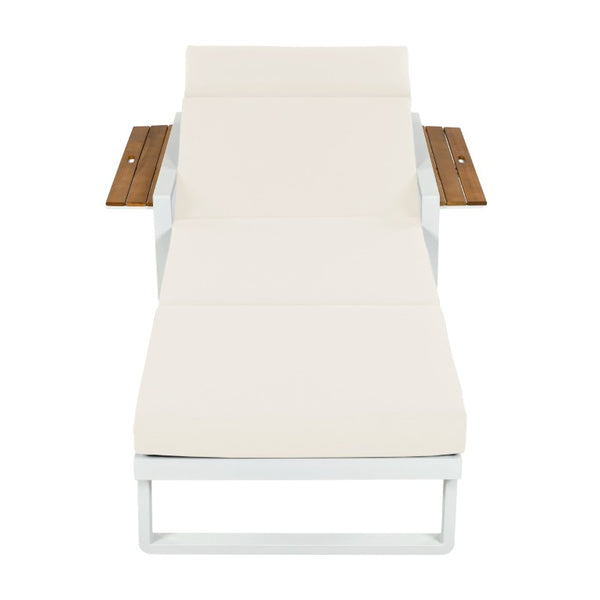 English Elm White Iron Teak Accent Outdoor Chaise Lounge with Cushion Poolside Patio Resort Style Beige 4-Fold with Built-In Headrest N770P452186W_N770P285267B