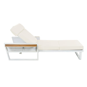 English Elm White Iron Teak Accent Outdoor Chaise Lounge with Cushion Poolside Patio Resort Style Beige 4-Fold with Built-In Headrest N770P452186W_N770P285267B