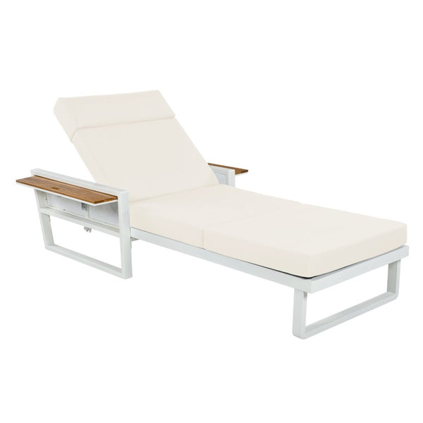 English Elm White Iron Teak Accent Outdoor Chaise Lounge with Cushion Poolside Patio Resort Style Beige 4-Fold with Built-In Headrest N770P452186W_N770P285267B