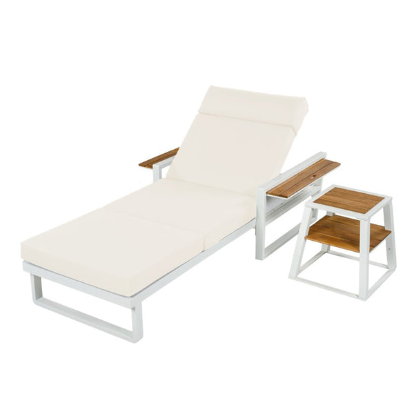 English Elm White Iron Teak Accent Outdoor Chaise Lounge with Cushion Poolside Patio Resort Style Beige 4-Fold with Built-In Headrest N770P452186W_N770P285267B