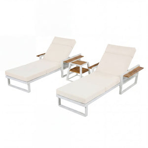 English Elm White Iron Teak Accent Outdoor Chaise Lounge with Cushion Poolside Patio Resort Style Beige 4-Fold with Built-In Headrest N770P452186W_N770P285267B