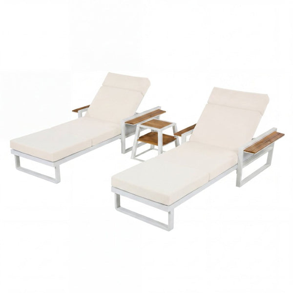 English Elm White Iron Teak Accent Outdoor Chaise Lounge with Cushion Poolside Patio Resort Style Beige 4-Fold with Built-In Headrest N770P452186W_N770P285267B