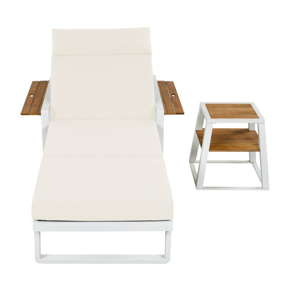English Elm White Iron Teak Accent Outdoor Chaise Lounge with Cushion Poolside Patio Resort Style Beige 4-Fold with Built-In Headrest N770P452186W_N770P285267B
