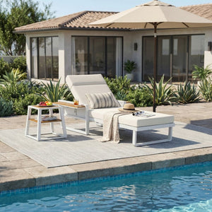 English Elm White Iron Teak Accent Outdoor Chaise Lounge with Cushion Poolside Patio Resort Style Beige 4-Fold with Built-In Headrest N770P452186W_N770P285267B