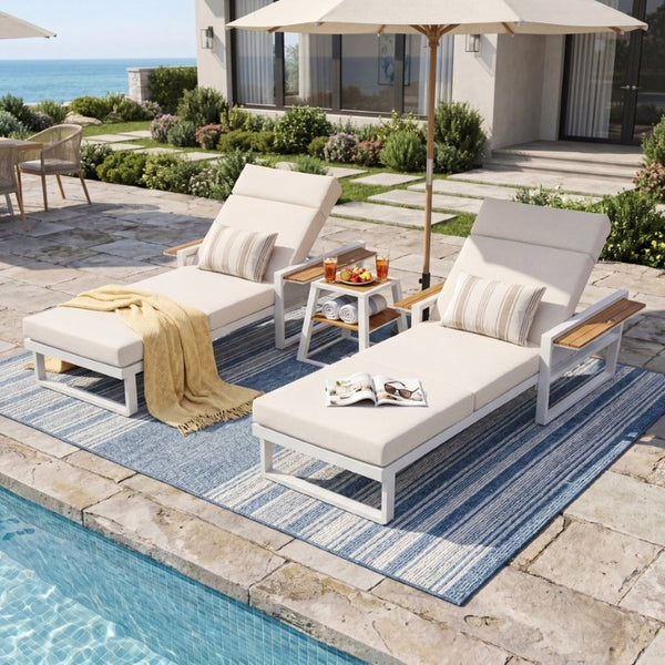 English Elm White Iron Teak Accent Outdoor Chaise Lounge with Cushion Poolside Patio Resort Style Beige 4-Fold with Built-In Headrest N770P452186W_N770P285267B