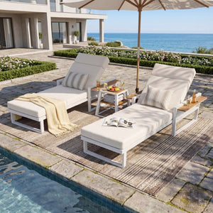English Elm White Iron Teak Accent Outdoor Chaise Lounge with Cushion Poolside Patio Resort Style Beige 4-Fold with Built-In Headrest N770P452186W_N770P285267B