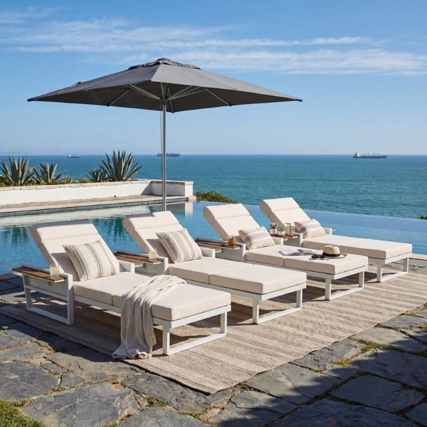 English Elm White Iron Teak Accent Outdoor Chaise Lounge with Cushion Poolside Patio Resort Style Beige 4-Fold with Built-In Headrest N770P452186W_N770P285267B