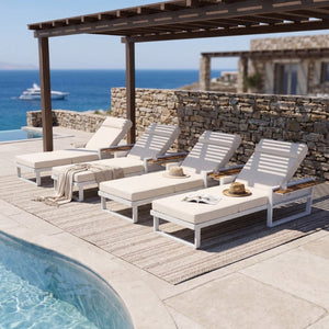 English Elm White Iron Teak Accent Outdoor Chaise Lounge with Cushion Poolside Patio Resort Style Beige 4-Fold with Built-In Headrest N770P452186W_N770P285267B
