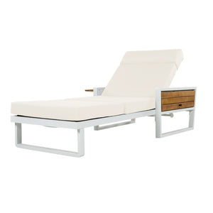English Elm White Iron Teak Accent Outdoor Chaise Lounge with Cushion Poolside Patio Resort Style Beige 4-Fold with Built-In Headrest N770P452186W_N770P285267B