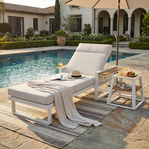 English Elm White Iron Teak Accent Outdoor Chaise Lounge with Cushion Poolside Patio Resort Style Cream 4-Fold with Built-In Headrest N770P452186W_N770P285267C