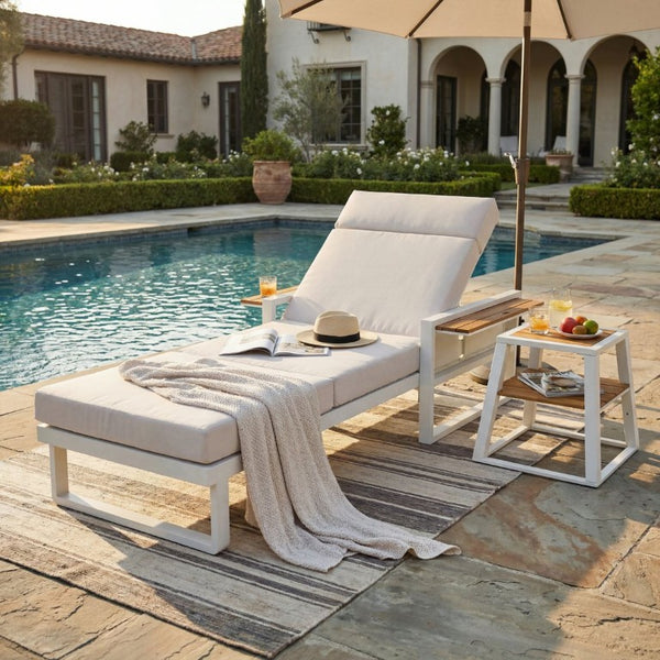 English Elm White Iron Teak Accent Outdoor Chaise Lounge with Cushion Poolside Patio Resort Style Cream 4-Fold with Built-In Headrest N770P452186W_N770P285267C