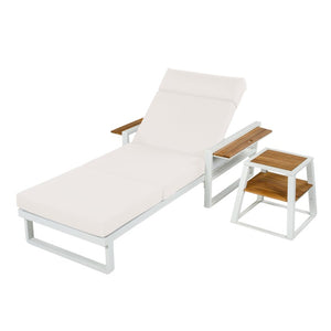 English Elm White Iron Teak Accent Outdoor Chaise Lounge with Cushion Poolside Patio Resort Style Cream 4-Fold with Built-In Headrest N770P452186W_N770P285267C