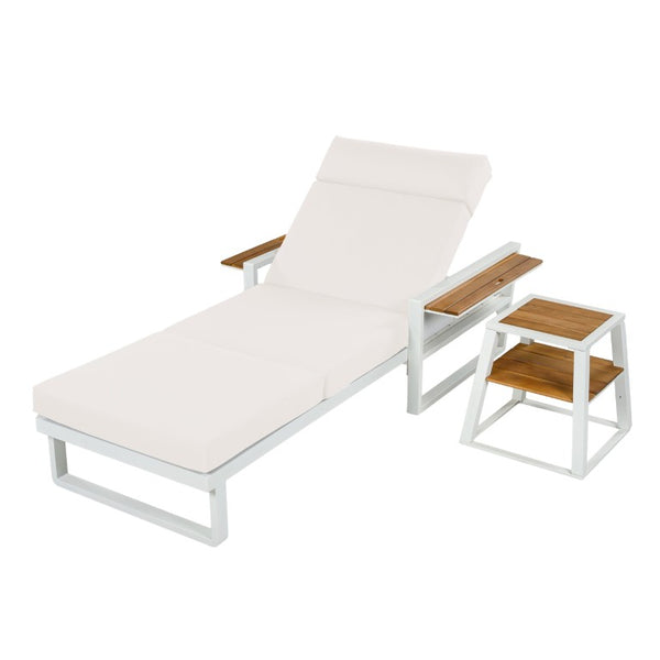 English Elm White Iron Teak Accent Outdoor Chaise Lounge with Cushion Poolside Patio Resort Style Cream 4-Fold with Built-In Headrest N770P452186W_N770P285267C