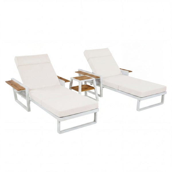 English Elm White Iron Teak Accent Outdoor Chaise Lounge with Cushion Poolside Patio Resort Style Cream 4-Fold with Built-In Headrest N770P452186W_N770P285267C