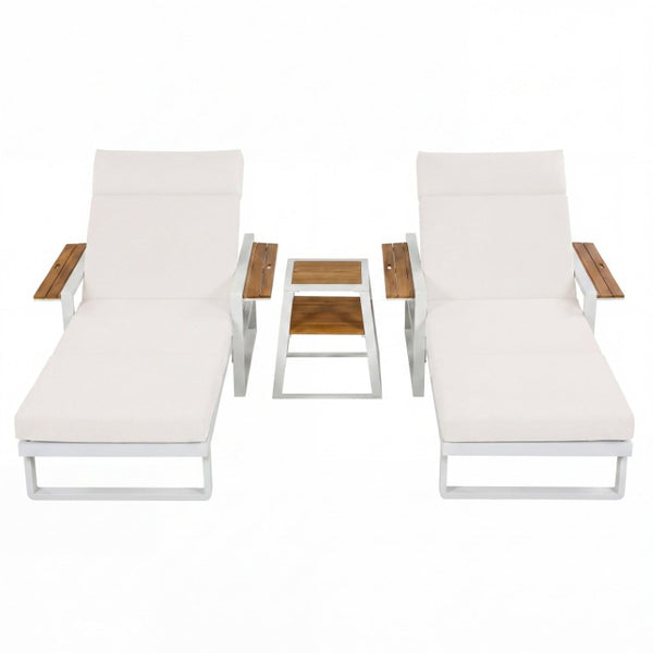 English Elm White Iron Teak Accent Outdoor Chaise Lounge with Cushion Poolside Patio Resort Style Cream 4-Fold with Built-In Headrest N770P452186W_N770P285267C