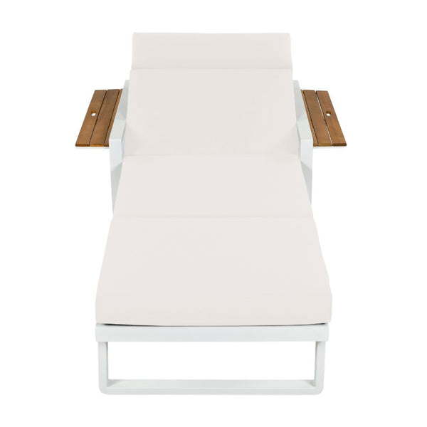 English Elm White Iron Teak Accent Outdoor Chaise Lounge with Cushion Poolside Patio Resort Style Cream 4-Fold with Built-In Headrest N770P452186W_N770P285267C