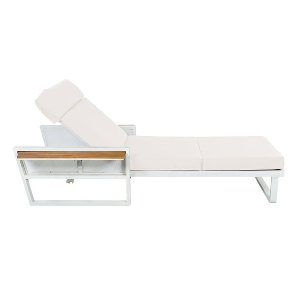 English Elm White Iron Teak Accent Outdoor Chaise Lounge with Cushion Poolside Patio Resort Style Cream 4-Fold with Built-In Headrest N770P452186W_N770P285267C
