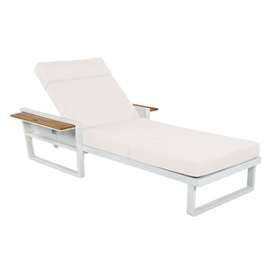 English Elm White Iron Teak Accent Outdoor Chaise Lounge with Cushion Poolside Patio Resort Style Cream 4-Fold with Built-In Headrest N770P452186W_N770P285267C