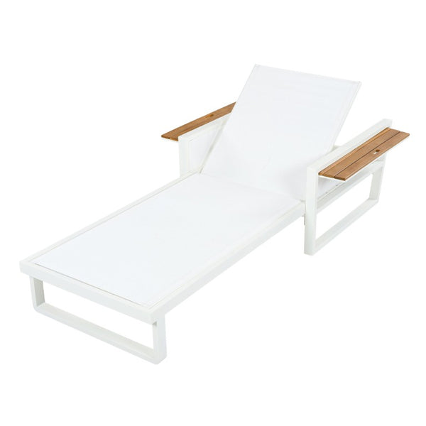 English Elm White Iron Teak Accent Outdoor Chaise Lounge with Cushion Poolside Patio Resort Style Cream 4-Fold with Built-In Headrest N770P452186W_N770P285267C